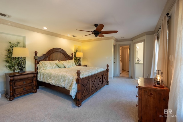 9150 County Road 91, Lillian, AL 36549 - bedroom with light carpet, crown molding, baseboards, a ceiling fan, and recessed lighting