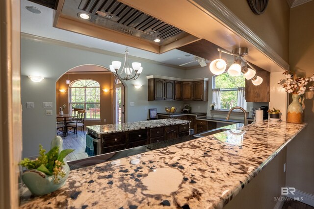 9150 County Road 91, Lillian, AL 36549 - kitchen with arched walkways, a sink, healthy amount of natural light, a raised ceiling, and crown molding