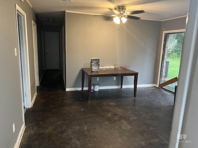 4303 Panorama Blvd, Mobile, AL 36609 - interior space with unfinished concrete floors, a textured ceiling, ceiling fan, ornamental molding, and a textured wall