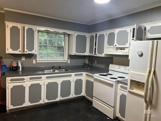 4303 Panorama Blvd, Mobile, AL 36609 - kitchen with white appliances, under cabinet range hood, dark countertops, and ornamental molding