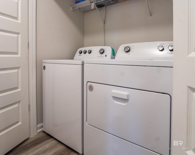 clothes washing area featuring separate washer and dryer, laundry area, and wood finished floors