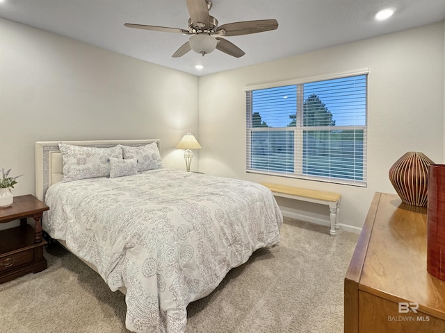 carpeted bedroom with recessed lighting, a ceiling fan, and baseboards