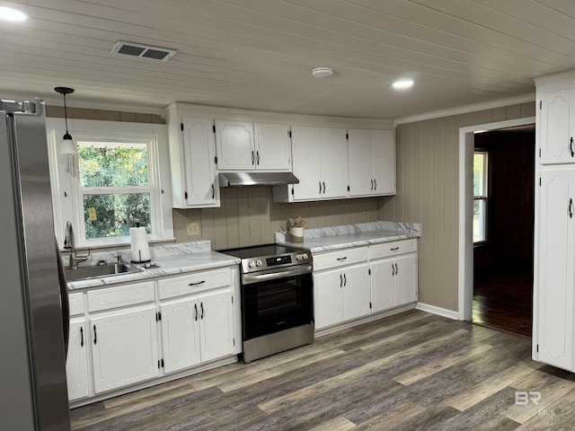 7121 N Century Blvd, Century, FL 32535 - kitchen featuring appliances with stainless steel finishes, crown molding, under cabinet range hood, a sink, and white cabinets