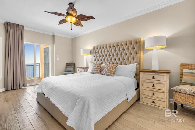 26200 Perdido Beach Blvd Unit 1403, Orange Beach, AL 36561 - bedroom featuring light wood-type flooring, access to exterior, ornamental molding, and ceiling fan