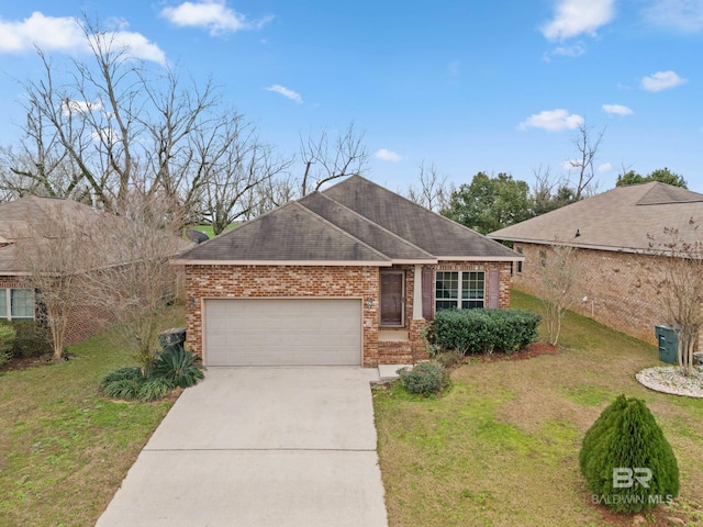 ranch-style home featuring a garage and a front lawn