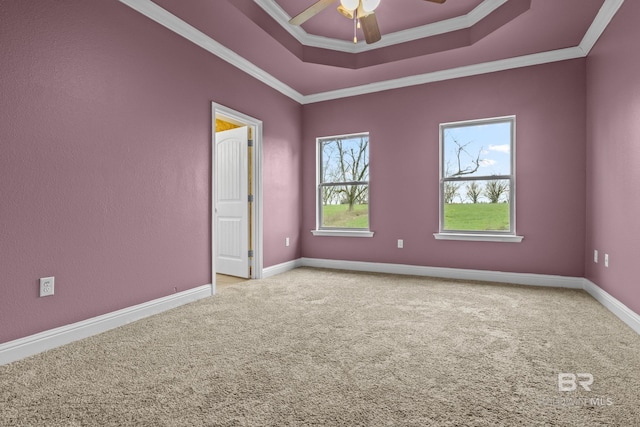 unfurnished room with ceiling fan, ornamental molding, light colored carpet, and a tray ceiling