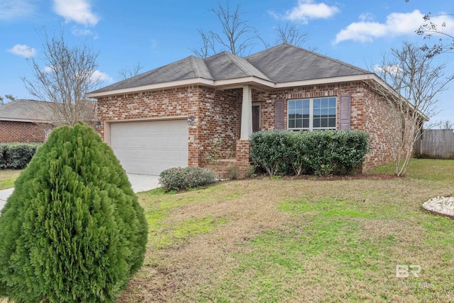 ranch-style home with a front lawn and a garage