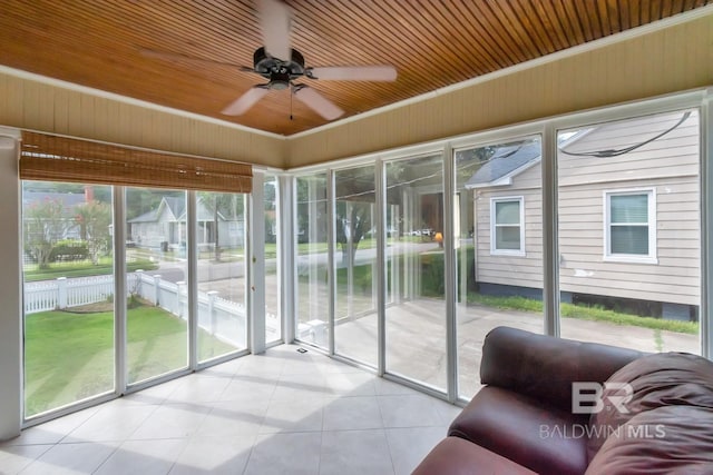 unfurnished sunroom with wood ceiling, a wealth of natural light, and ceiling fan