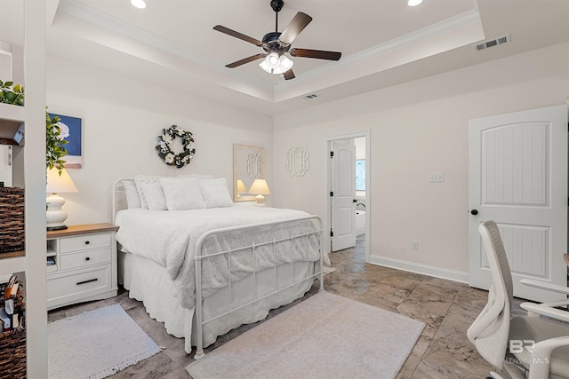 bedroom featuring crown molding, ceiling fan, and a raised ceiling