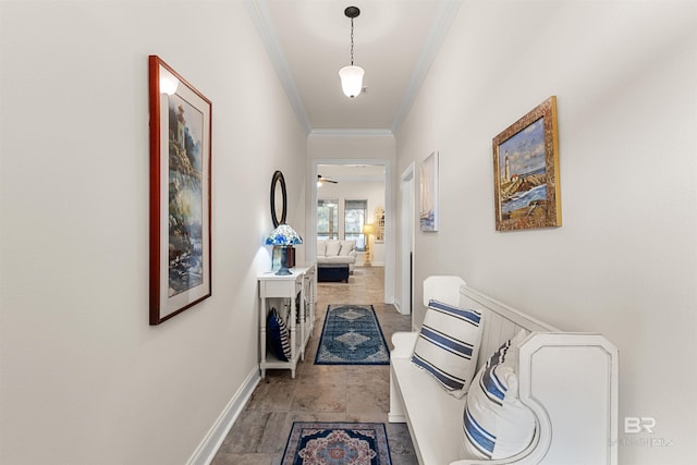 corridor featuring crown molding