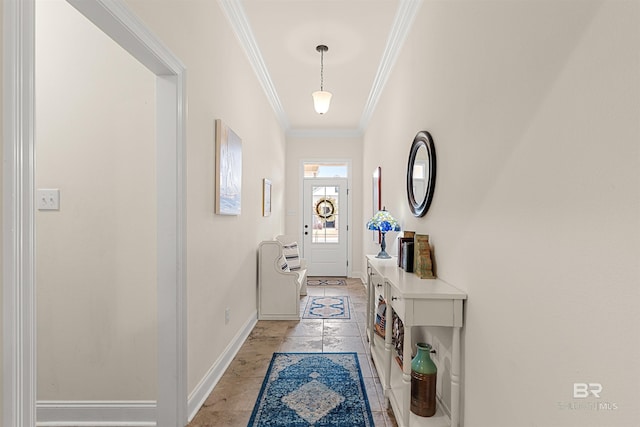 doorway to outside with ornamental molding