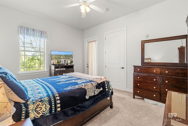 bedroom featuring ceiling fan and carpet flooring