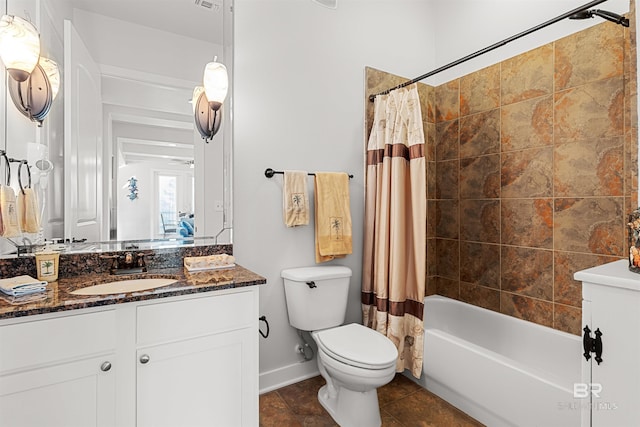 full bath featuring toilet, shower / bath combo, tile patterned flooring, baseboards, and vanity