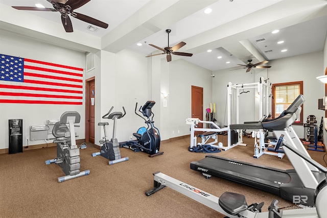 exercise room featuring recessed lighting, visible vents, and baseboards