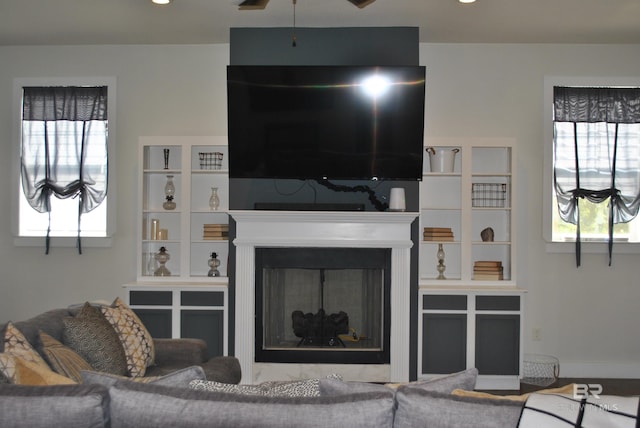 living room with ceiling fan