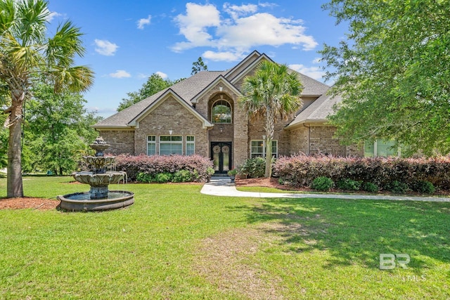 view of front of house featuring brick siding, a front yard, and a shingled roof