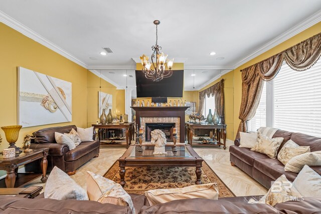 living room featuring crown molding, a fireplace, a wealth of natural light, and parquet floors