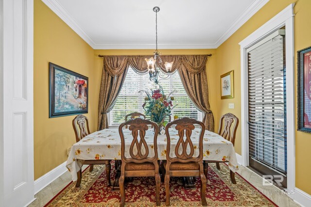 tiled dining area featuring an inviting chandelier and crown molding