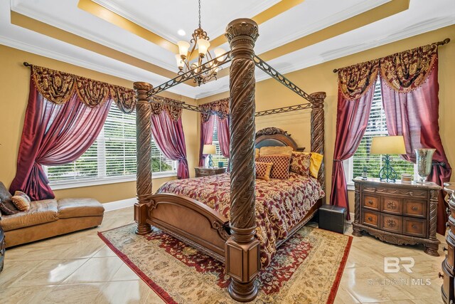 bedroom featuring tile floors, crown molding, a notable chandelier, and a raised ceiling