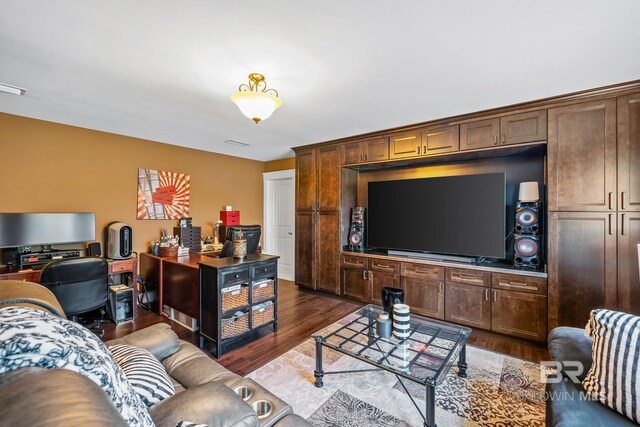 living room featuring dark wood-type flooring