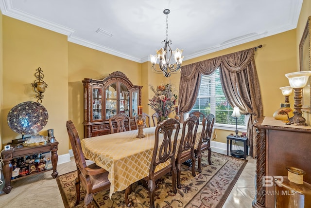 tiled dining area with a chandelier and crown molding