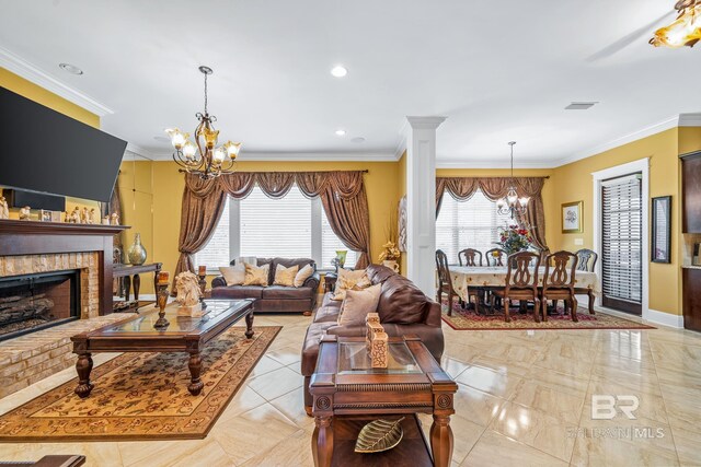 living room with a notable chandelier, ornamental molding, light tile flooring, and a brick fireplace