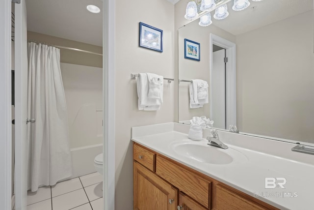 full bathroom with vanity, toilet, tile patterned flooring, and shower / bathtub combination with curtain