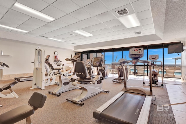 exercise room with a healthy amount of sunlight, floor to ceiling windows, and a drop ceiling