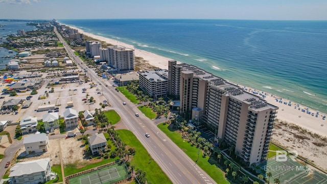 bird's eye view with a water view and a view of the beach