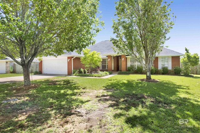 single story home with a front yard, fence, brick siding, an attached garage, and driveway