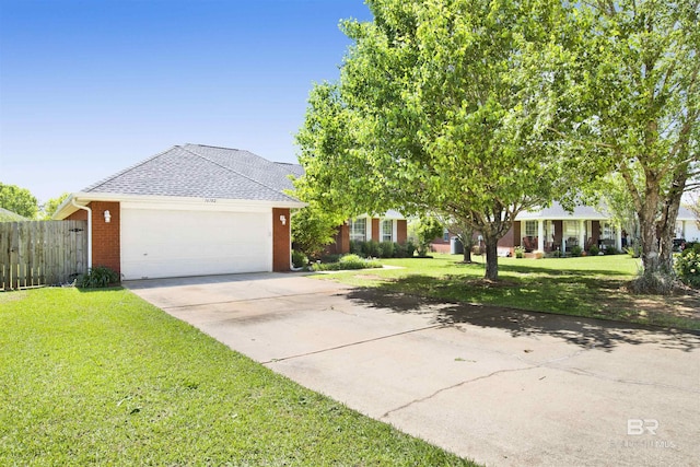 view of front of property featuring roof with shingles, driveway, a front lawn, and brick siding