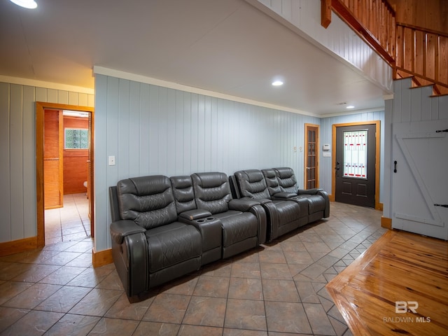 living room with baseboards, recessed lighting, and tile patterned floors