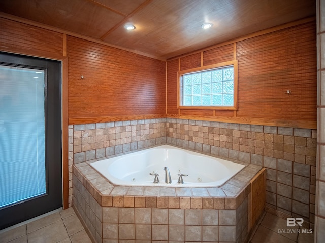 full bath with a tub with jets, tile patterned floors, wooden ceiling, and recessed lighting