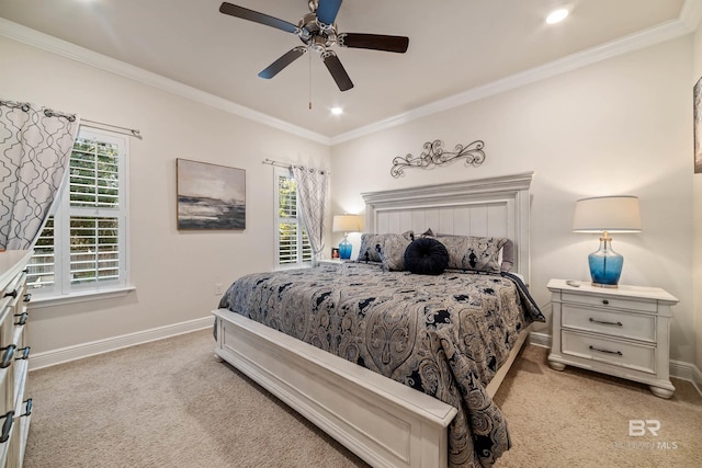 bedroom featuring baseboards, ornamental molding, and light colored carpet