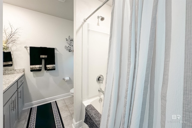 full bath with baseboards, toilet, tile patterned floors, shower / bath combination with curtain, and vanity