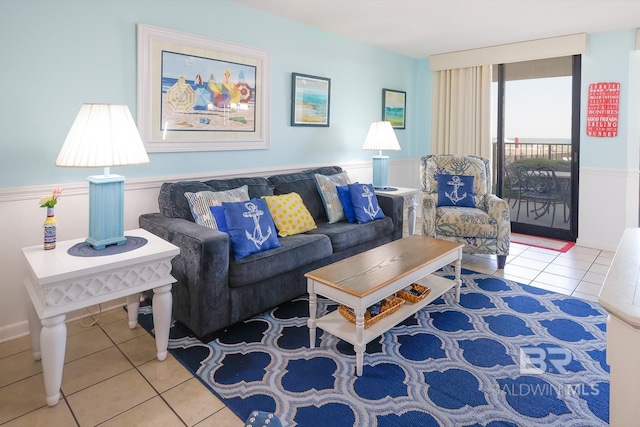 tiled living room with wainscoting