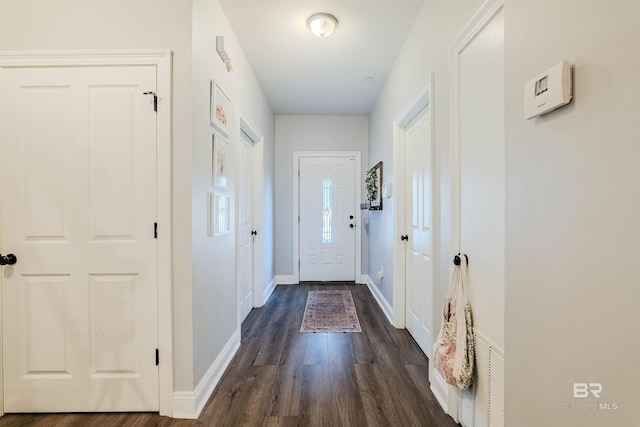 doorway to outside featuring dark wood-type flooring