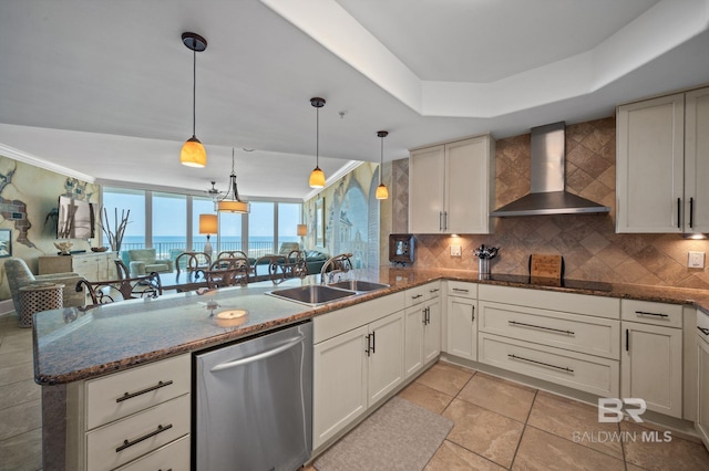 28107 Perdido Beach Blvd Unit D914, Orange Beach, AL 36561 - kitchen with a sink, dishwasher, black electric stovetop, wall chimney range hood, and decorative backsplash