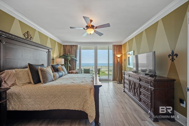 28107 Perdido Beach Blvd Unit D914, Orange Beach, AL 36561 - bedroom with expansive windows, ornamental molding, access to outside, light wood finished floors, and a ceiling fan