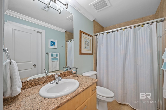 28107 Perdido Beach Blvd Unit D914, Orange Beach, AL 36561 - full bathroom with visible vents, ornamental molding, toilet, curtained shower, and vanity