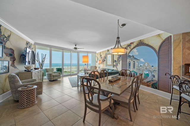 28107 Perdido Beach Blvd Unit D914, Orange Beach, AL 36561 - tiled dining area featuring baseboards, floor to ceiling windows, a ceiling fan, and crown molding