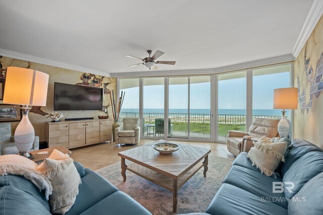 28107 Perdido Beach Blvd Unit D914, Orange Beach, AL 36561 - living room with floor to ceiling windows, ornamental molding, tile patterned floors, and a ceiling fan