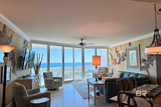 28107 Perdido Beach Blvd Unit D914, Orange Beach, AL 36561 - living room featuring light tile patterned flooring, a wall of windows, ceiling fan, and ornamental molding