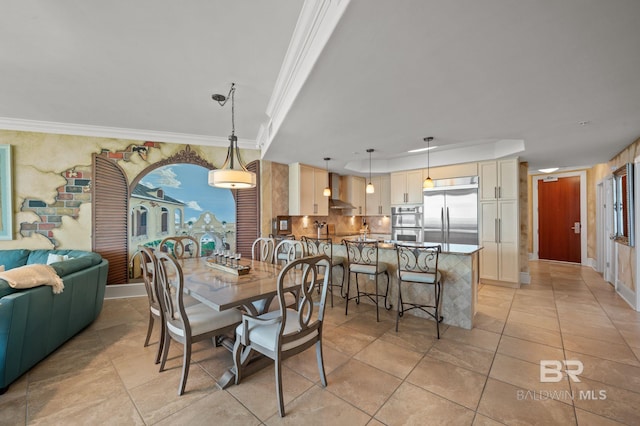 28107 Perdido Beach Blvd Unit D914, Orange Beach, AL 36561 - dining room with light tile patterned flooring, a tray ceiling, baseboards, and crown molding
