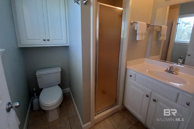 full bath featuring toilet, vanity, baseboards, a shower stall, and tile patterned floors