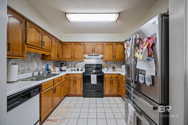 kitchen with black / electric stove, brown cabinetry, dishwasher, under cabinet range hood, and stainless steel fridge with ice dispenser