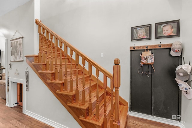 staircase with hardwood / wood-style flooring