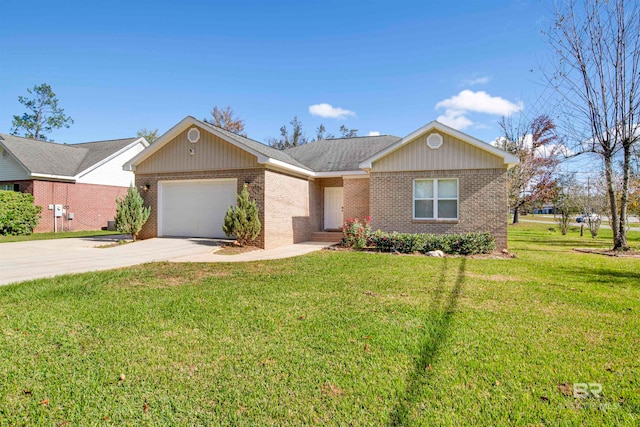 single story home featuring a front lawn and a garage