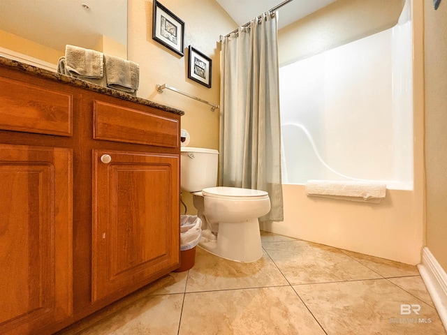 bathroom featuring toilet, shower / bathtub combination with curtain, and tile patterned flooring