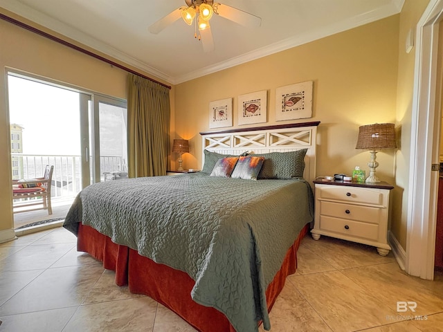 bedroom with crown molding, access to outside, ceiling fan, and light tile patterned floors